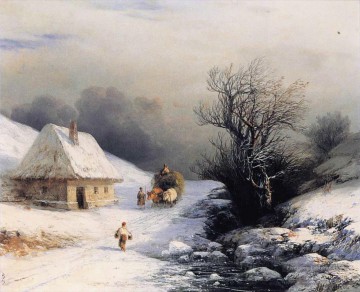 romantique romantisme Tableau Peinture - petite charrette à bœuf russe en hiver 1866 Romantique Ivan Aivazovsky russe
